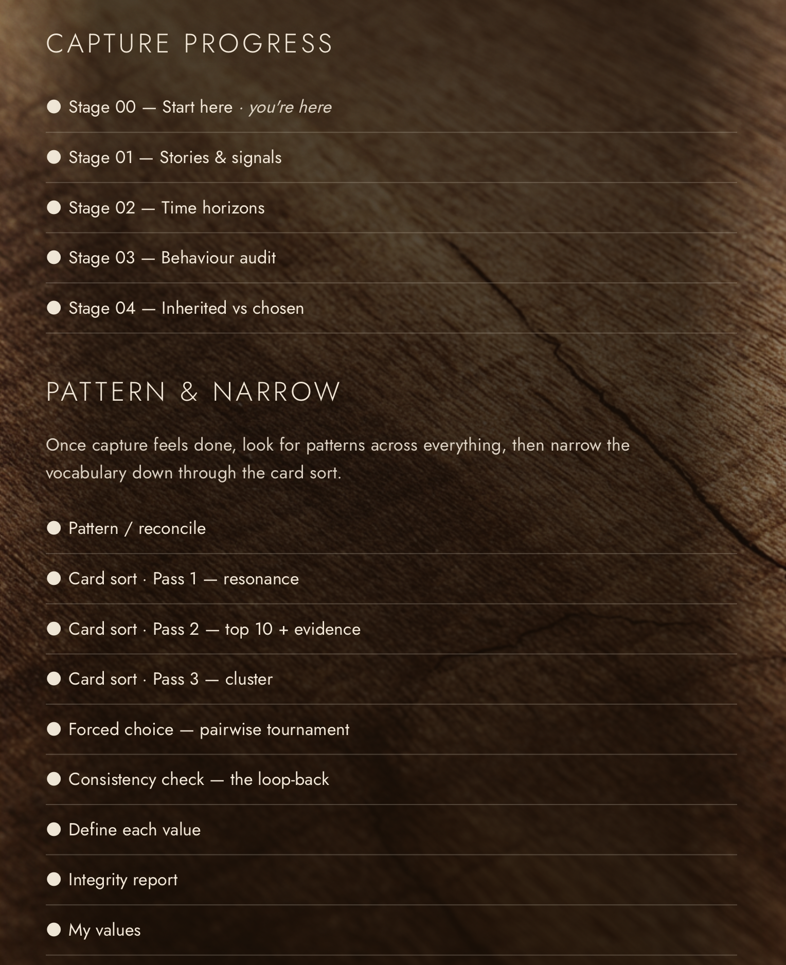 The full discovery flow, from stories and signals through to your values